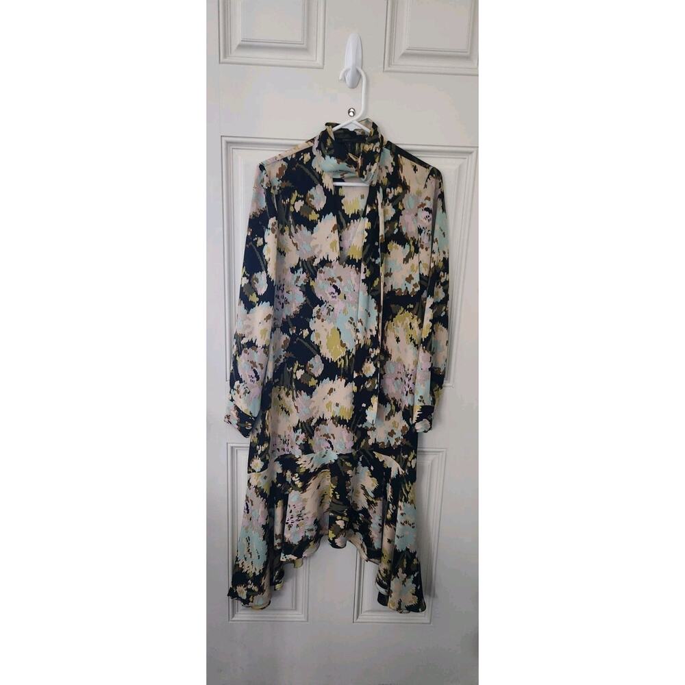 bcbg maxazria Dress XS Art Abstract Floral Lagenlook V Neck Asymmetrical Long